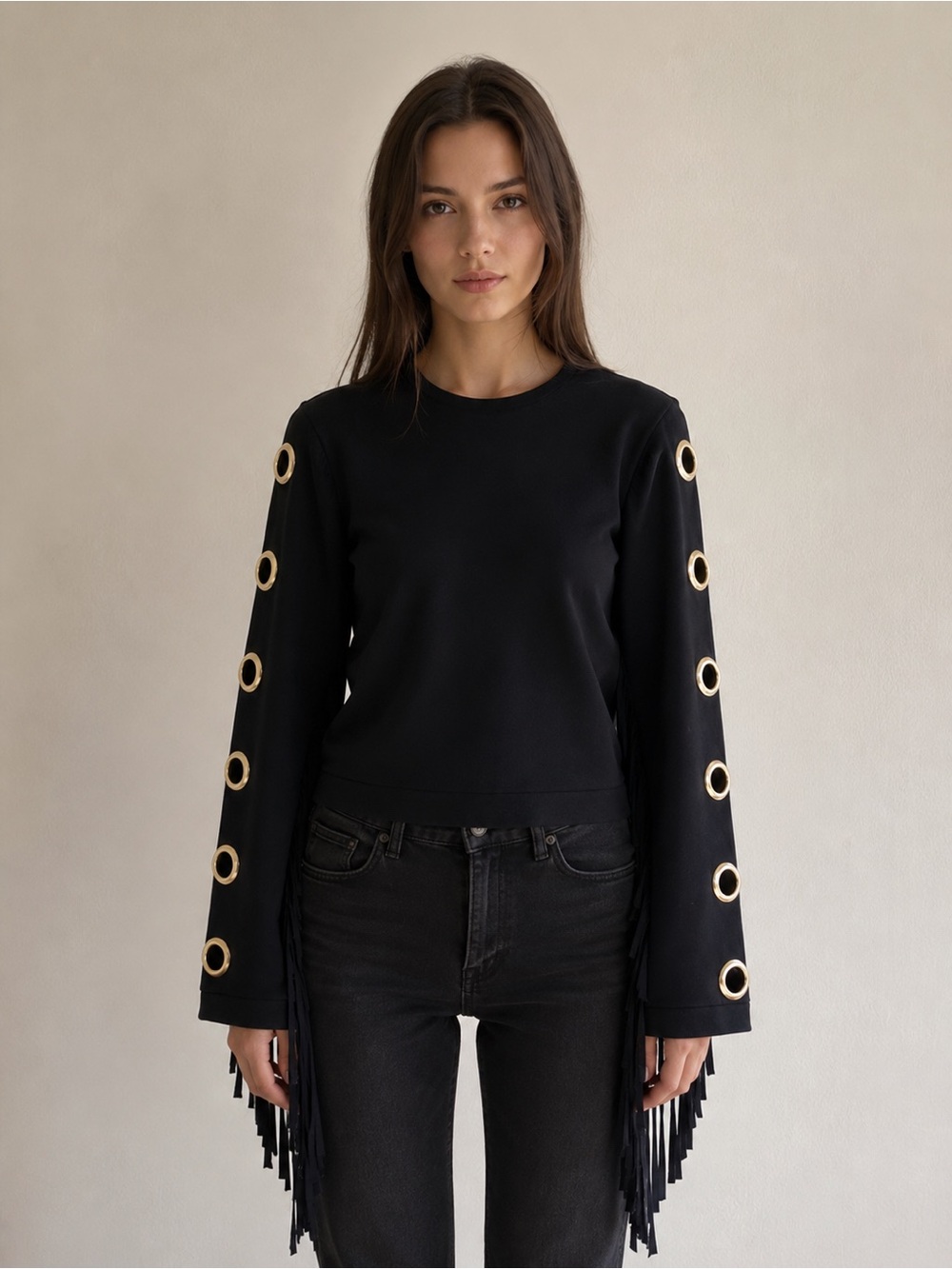 Karen Millen Fringe Sweater Black Gold Grommet Detail Luxe Statement Top XS